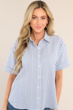 Add a touch of adventure to your wardrobe with our Journey Of Love Blue Striped Button Front Top. Featuring a playful button front design and trendy blue stripes, this top is perfect for any journey you embark on. So go ahead, hit the road looking stylish and confident! This top features a collared neckline, functional buttons down the front, short sleeves with a cuffed hem, and a single pleat detail in the back. 75% Cotton, 25% Polyester Hand Wash Cold Unlined Imported Model is wearing a size s Sorority Rush Dresses, Rush Dresses, Journey Of Love, Cardigan Crop Top, Cardigan Crop, Button Front Top, Dress Bra, Friend Outfits, Long Crop Top