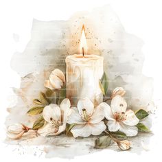 a white candle surrounded by flowers and leaves on a watercolor paper textured background