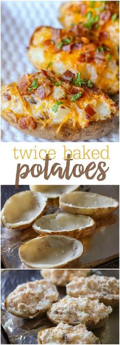 three different types of baked potatoes with text overlay that reads, twice baked potatoes