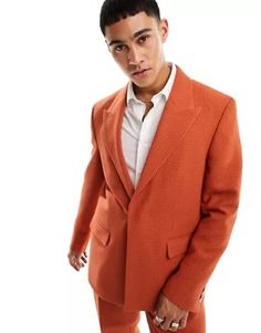 Viggo waffle suit jacket in burnt orange | ASOS Orange Notch Lapel Blazer For Work, Tailored Orange Blazer With Notch Lapel, Fitted Orange Outerwear With Notch Lapel, Tailored Orange Single-breasted Blazer, Orange Long Sleeve Formal Blazer, Classic Orange Blazer For Workwear, Tailored Orange Office Blazer, Classic Orange Blazer For Work, Orange Fitted Blazer For Work