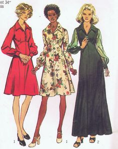 three women's dresses with long sleeves and collars