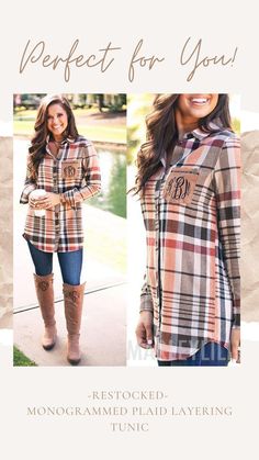 Plaid never looked so polished. Leave it to Marleylilly to design a tunic-length, flannel shirt with a classic button-down fit and monogrammed pocket embellishment. Available in three attractive earth-toned colors of plaid, this shirt is perfect with jeans or leggings in the fall. Add a pair of our duck or Sherpa boots, and you’ll be turning heads all day long. Womens Flannel Shirt Outfits Fall, Tunic Dress With Leggings, Sherpa Boots, Flannel Shirt Outfit, Camouflage Fashion, Pink Plaid Shirt, Buffalo Plaid Shirt, Collared Shirts, Layered Tunic