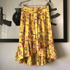 Joie Denisha Skirt In Pineapple.....Size 4. Flowy Soft Slinky Weave; 100% Silk. Lined With Poly Chiffon. Yellow With Pink/Purple/Orange/Red Floral Print. Wide Waistband. Removable Self Tie Fabric Belt. Side Zipper Closure. Crossover Wrap Front. Asymmetric Ruffle Hem. Waist Across 13.75". Length About 23" At Shortest And 29.5" At Longest. New With Tag. S Fabric Belt, Wide Waistband, Women Skirts Midi, Red Floral, Red Yellow, Floral Skirt, Pink Purple, New Color, Midi Skirt