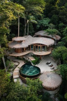 an aerial view of a house in the woods with thatched roof and swimming pool