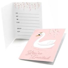 a pink and white card with a swan on it