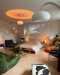 a bedroom with lots of lights and furniture