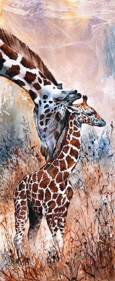 a painting of two giraffes that are standing in the grass with their heads touching each other