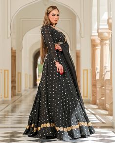 Mesmerizing Black Lehenga Set - www.riafashions.com Long Sleeve Lehenga With Gota Work For Eid, Floor-length Georgette Palazzo Set For Transitional Seasons, Transitional Floor-length Georgette Palazzo Set, Fitted Anarkali Set With Gota Work, Fitted Anarkali Sharara With Gota Work, Fitted Sharara With Gota Work For Eid, Designer Wear Floor-length Palazzo Set With Pallu, Designer Floor-length Palazzo Set With Pallu, Designer Floor-length Set With Gota Work