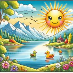 the sun is shining over a lake with ducks and mountains in the background, as well as flowers