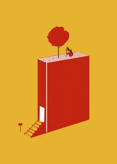 an open book with a tree on top and stairs leading up to the door in front of it