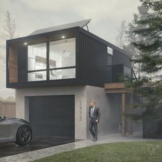 a man standing in front of a house with two garages and a car parked next to it