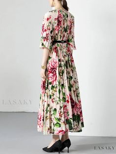 Kaia Belt Maxi Gown Spring Garden Party A-line Gown, Spring Floral Print V-neck Gown, Long Sleeve Gown For Spring Garden Party, Spring Garden Party Gown With Long Sleeves, Summer Floral Print Long Sleeve Gown, Pink Short Sleeve Gown For Spring, Chic Floral Print Summer Gown, Chic Summer Floral Print Gown, Floor-length Floral Print Summer Gown