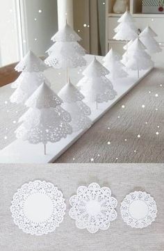 paper doily christmas trees are on display