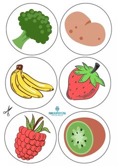 four different fruits and vegetables are shown in the circle on this page, which includes broccoli, banana, strawberry, kiwi, peach