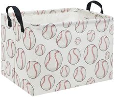 a large storage bag with baseballs printed on the side and black handles is shown