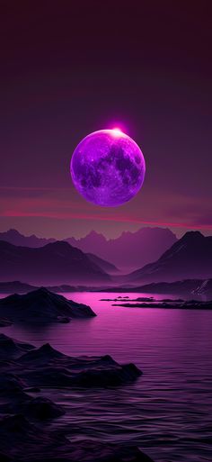 an image of a purple moon in the night sky over some mountains and ocean water