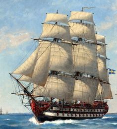 an oil painting of a sailing ship in the ocean