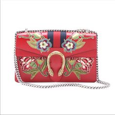 A Tiger-Headed Laurel Evoking The Celebrated Mythology Of Dionysus Anchors An Opulent Leather Bag Embroidered In Decadent Red And Heavenly Blue Florals. Signature Web Detail And Structured With A Segmented Floral-Print Interior, The Bag Is Crowned With A Palladium-Toned Chain Strap That Can Be Worn On The Shoulder Or Doubled As A Top Carrying Handle. Pre-Owned Excellent Condition: Very Lightly Worn. Please See All Photos For More Item Description Prior To Purchase. Includes Dust Bag Web Detail, Blue Florals, Embroidered Bag, Gucci Dionysus, Anchors, Chain Strap, Gucci Bag, Leather Bag, Dust Bag