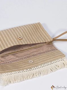 BirdinBag - Stylish Sequin and Fringe Straw Bag with Exquisite Stitching Beige Clutch Bag With Large Capacity, Beige Clutch With Large Capacity, Beige Woven Pouch Bag, Rectangular Woven Cream Bag, Rectangular Cream Woven Bag, Travel Woven Clutch Bag, Woven Travel Clutch Bag, Woven Clutch Bag For Daily Use, Beige Pouch Clutch With Adjustable Strap