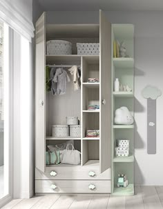 an open closet with baby items on shelves