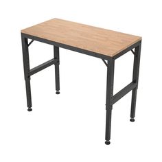 a wooden table sitting on top of a metal frame