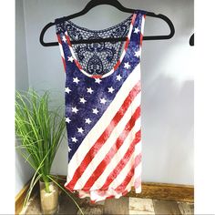 Brand New From Rue21. Flag Tank With Lace Back Detail. Size Is Xs. White Tops With American Flag Print For Beach, White American Flag Print Top For The Beach, White American Flag Print Tops For Beach, White American Flag Print Top For Beach, Red Sleeveless Tank Top With Flag Print, Red Flag Print Tank Top For Summer, Red Tank Top With Flag Print For Summer, Sleeveless Beach Top With Flag Print, 4th Of July White Tank Top With Flag Print