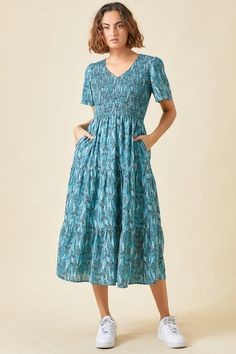 Polygram Smocked Tiered Leaf Print Midi Dress - Teal – Debra's Passion Boutique Casual Tiered Dress With Smocked Cuffs, Casual Tiered Smocked Dress With Smocked Cuffs, Casual Dresses With Smocked Cuffs And Tiered Skirt, Casual Tiered Midi Dress With Smocked Cuffs, Casual Short Sleeve Midi Dress With Smocked Cuffs, Casual Flowy Tiered Smocked Dress, Casual Tiered Smocked Dress, Casual Midi Dress With Smocked Back And Tiered Skirt, Modest Hot Weather Outfits