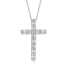 Ross-Simons - .33ct t. w. Baguette, Round Diamond Cross Pendant Necklace. 18". A sparkling sentiment of faith, this classic cross pendant necklace features a stunning arrangement of .33 ct. t. w. baguette and round diamonds in polished 14kt white gold. Suspends from a rope chain. Springring clasp, diamond cross pendant necklace. Diamond birthstones are the perfect gift for April birthdays. Classic Diamond White Cross Necklace, Classic Diamond Accents Cross Pendant Necklace, Classic Diamond White Crucifix Cross Necklace, Classic Cross Necklace With Diamond Accents, Classic Cross Pendant Necklace For Anniversary, Formal Crucifix Cross Necklace With Diamond Accents, Formal Crucifix Necklace With Diamond Accents, Classic Diamond Cross Necklace For Weddings, Classic Diamond Cut Crucifix Necklace