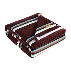 two blankets folded on top of each other in brown and blue stripes, with one blanket folded