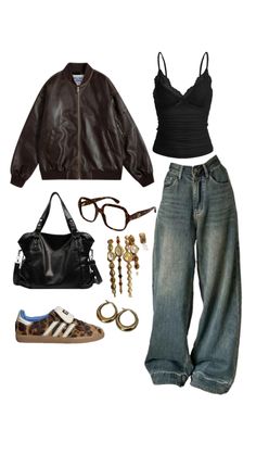 Outfit jean baggy Dac bag noir cuir samba léopard lunette