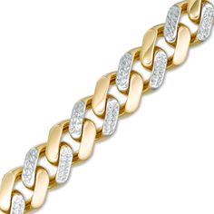 This 11.3mm-wide diamond-cut alternating pattern curb chain bracelet fashioned in 14K two-toned gold measures 8.5 inches in length and secures with a box clasp. Formal Cuban Link Diamond Cut Bracelet, Gold Diamond Cut Cuban Link Bracelet, Yellow Gold Cuban Link Bracelet With Diamond Cut, Formal Diamond Curb Chain Bracelet, Diamond Curb Chain Link Bracelet, Anniversary Cuban Link Curb Chain Bracelet, Gold Diamond Bracelet With Curb Chain, Yellow Gold Diamond Bracelet With Cuban Link Curb Chain, Gold Link Bracelet With Diamond Accents