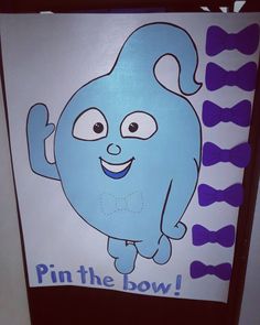 a blue cartoon character with bow ties on it's head and the words pin the bow