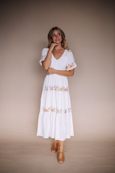 White Embroidered Midi Dress Smocking Top Embroidered V-neck Midi Dress, Feminine V-neck Midi Dress With Smocked Back, Bohemian V-neck Midi Dress With Smocked Bodice, White Cotton Embroidered V-neck Dress, White Embroidered V-neck Boho Dress, Bridesmaid Tops, Dancing Dress, Blessing Dress, Temple Dress