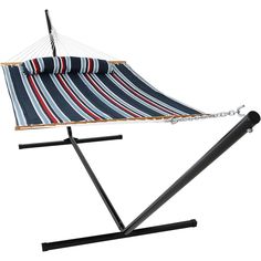 a striped hammock with black metal stand