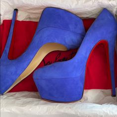 Brand New Stunning And Sexy Christian Louboutin! Purchased At The Wynn In Las Vegas! Perfect Suede Material To Contrast Red Bottoms. Box And Dust Bags Included. Run Smaller. Perfect For Size 9 Bold Blue Heels For Party, Luxury Fitted Blue Heels, Luxury Blue Heels, Black Louboutins, Louboutin Spiked Heels, Louboutin High Heels, Christian Louboutin Pigalle Follies, Patent Loafers, Christian Louboutin Pigalle