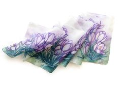 Crocus scarf is a hand painted silk accessory in purple and violet colors for Mother's Day or fourth anniversary gift. Size: 49 by 11 inches Silk: pure silk Habotai Light, semi transparent and a bit glossyThe pattern is visible equally on both sides, it is semi translucent and a bit glossy. Made to order in 3 days! I can gift-wrap it for you, add a personalized note or a gift box. To every of my scarfs I am attaching a card with my name, date of painting and scarf name and the second card with c Artistic Silk Scarf For Spring Gift, Artistic Hand Painted Scarves For Gifts, Silk Hand Painted Scarves As Gifts, Hand Painted Silk Scarves For Gifts, Hand Painted Silk Scarves For Gift, Handmade Purple Scarves As Gifts, Purple Silk Scarf As A Gift, Handmade Purple Scarves For Gifts, Purple Silk Scarf For Gift