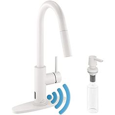 the faucet is connected to an appliance with a water bottle and soap dispenser