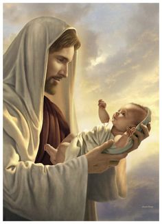 a painting of jesus holding a baby in his arms