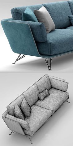 a couch and chair with pillows on it in three different angles, one is blue and the other is grey