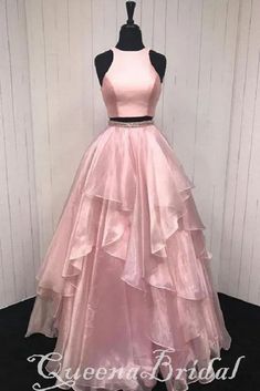 Pink Halter Beaded Fluffy Two Pieces Evening Gown Maxi Long Evening Pa – QueenaBridal Net Fabric Dress, Pink Prom Dresses Long, Long Prom Dresses Cheap, Two Piece Evening Dresses, Prom Dresses Cheap, Prom Dress Pictures, Beautiful Evening Gowns, Cheap Prom Dresses Long, Prom Dresses Long Pink