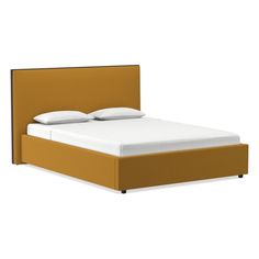 a bed with two pillows on it and a headboard made out of wood frame