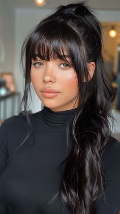 Half Up And Half Down Ponytail Hairstyles, Bangs And Long Hair Styles, Different Styles Of Bangs With Long Hair, Hair Up Bangs Down, Long Black Hair Half Up Half Down, Black Hair Fringe Bangs, Half Up Do With Bangs, Half Up Half Down With Fringe, Long Hairstyles With Long Bangs