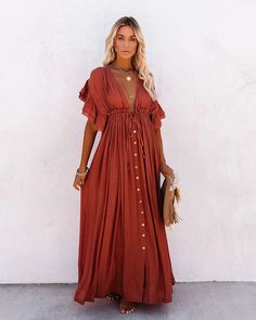 Women's Swing Dress Maxi long Dress Green Orange Rust Red White Black Backless Short Sleeve Solid Color Summer Spring V Neck Boho Beach Loose 2023 One-Size 2024 - $45.99 Button Maxi Dress, Beach Blouse, A Line Maxi Dress, Summer Beach Dress, Outfit Chic, Denim Maxi, White Tunic, Beach Maxi Dress, Maxi Robes