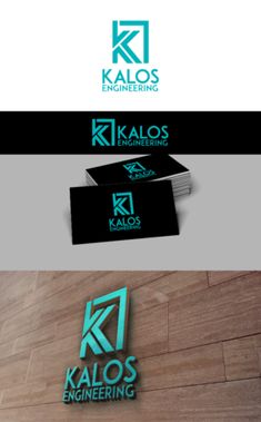 the logo for kalos engineering is displayed on a wooden floor with business cards in front of it