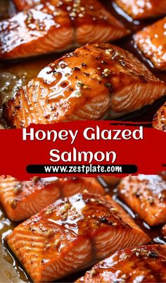 honey glazed salmon on a baking sheet with text overlay that reads honey glazed salmon