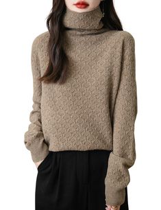 Features: Stay warm and stylish this fall and winter with our Turtleneck Women's Knit Sweater. Made with 100% Merino wool, this sweater is not only soft and comfortable, but also features a unique hollow out design for added visual interest. Perfect for any occasion, this long sleeve top will keep you cozy and on-trend. Elegant Cable Knit Winter Sweater, Brown Fine Knit Turtleneck For Winter, Winter Brown Fine Knit Turtleneck, Beige Winter Turtleneck For Layering, Beige Turtleneck For Winter Layering, Winter Cashmere Turtleneck In Soft Knit, Winter Cashmere Soft Knit Turtleneck, Elegant Wool Sweater For Winter, Soft Knit Cashmere Turtleneck Sweater