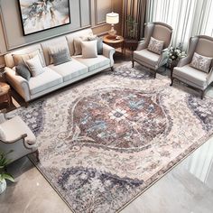 a living room filled with furniture and a large rug