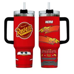 two red travel mugs with cars on them