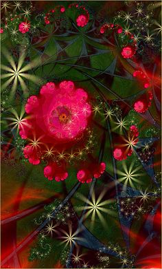 an abstract painting with pink flowers and stars in the center on a green, red and black background