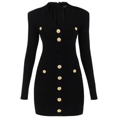 Balmain Long-Sleeved Minidress Made From Stretch Knit Into A Body-Hugging Silhouette, Defined By Padded Shoulders And V-Neckline. Adorned With Signature Gold-Tone Embossed Buttons, It Features Two Front Snaps, Mock Pockets, Ribbed Trims, And A Back Zip Fastening. The Model Is 177 Cm Tall And Wears A Size Fr 36. Material: 83%Vi 17%Pa. Made In: Italy. Color: Black. Collection: Fall - Winter 2023. Sku: Bf1r8059kb07. Modecraze Is An Online Platform That Offers The Best Designer Products From Europe Luxury Long Sleeve Mini Dress, Luxury Winter Dresses With Buttons, Luxury Winter Mini Dress, Luxury Black Long Sleeve Dress, Elegant Fitted Sweater Dress With Buttons, Luxury Fall Dresses With V-neck, Luxury V-neck Fall Dresses, Luxury Black Mini Dress For Fall, Balmain Style